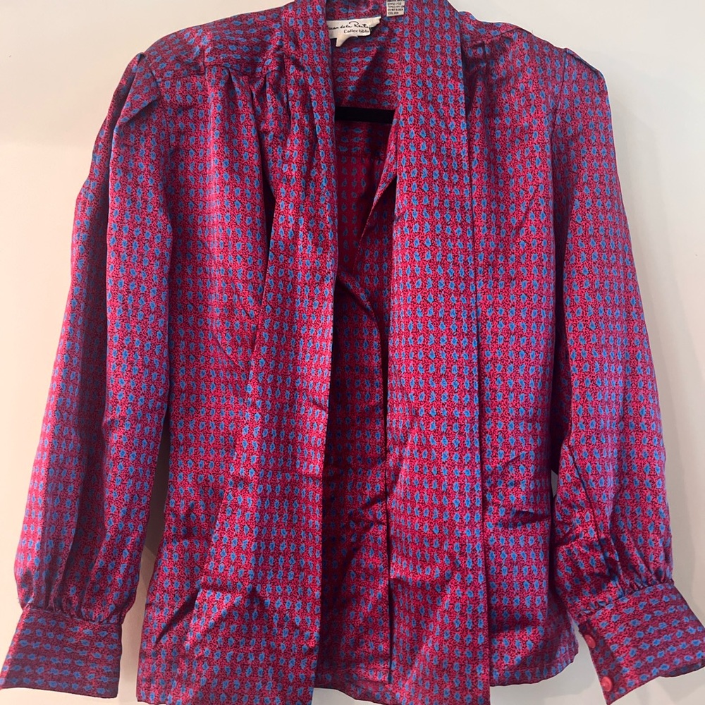 Oscar De La Renta Vintage Red and Blue Floral Patterned Blouse